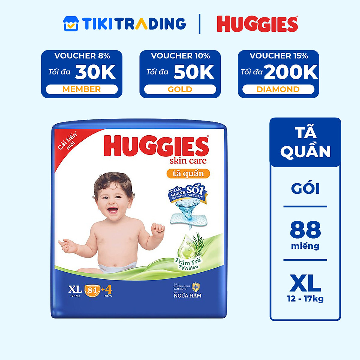 Tã bỉm cho bé Huggies Skin Care Mega Jumbo size XL với tràm trà