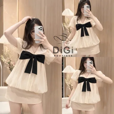 Áo Babydoll 2 Lớp Tay Bồng Dáng Bí Cổ Tim Phối Nơ Đen Phong Cách Tiểu Thư Sang Chảnh DG115