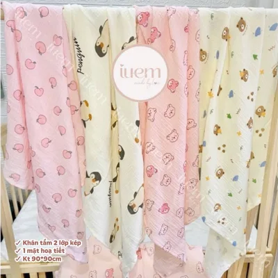 iuem khăn tắm xô muslin 2 lớp có 1 mặt hoạ tiết kt 88*90cm (+-2cm) dành cho bé từ sơ sinh, mỏng nhẹ kết hợp làm quấn ủ