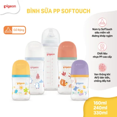 Bình sữa chống đầy hơi Pigeon cổ rộng cho bé sơ sinh núm ti siêu mềm chống sặc chính hãng