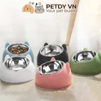 Bát ăn, chén ăn chống gù bằng inox cho thú cưng chó mèo họa tiết hình tai mèo