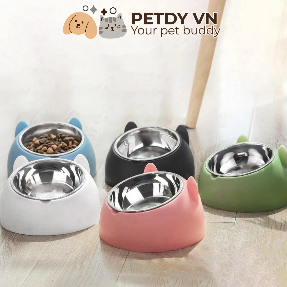 Bát ăn, chén ăn chống gù bằng inox cho thú cưng chó mèo họa tiết hình tai mèo