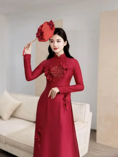 Áo dài hỏi cưới chữ hỷ đính hoa