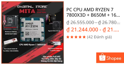 PC CPU AMD RYZEN 7 7800X3D + B650M + 16GB 6000MHz + 650W Bảo hành 36 T MITA PERFOMANCE