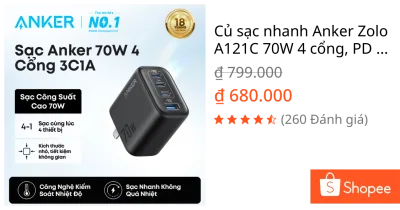 Củ sạc nhanh Anker Zolo A121C 70W 4 cổng, PD 3.0