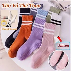 Tất / Vớ Chân Cao Cổ Nữ 29,9K Freesize Tập Yoga Pilates Len Co Giãn Đính Hạt Silicon Chống Trơn Trượt (Cao Cổ Kẻ Sọc)