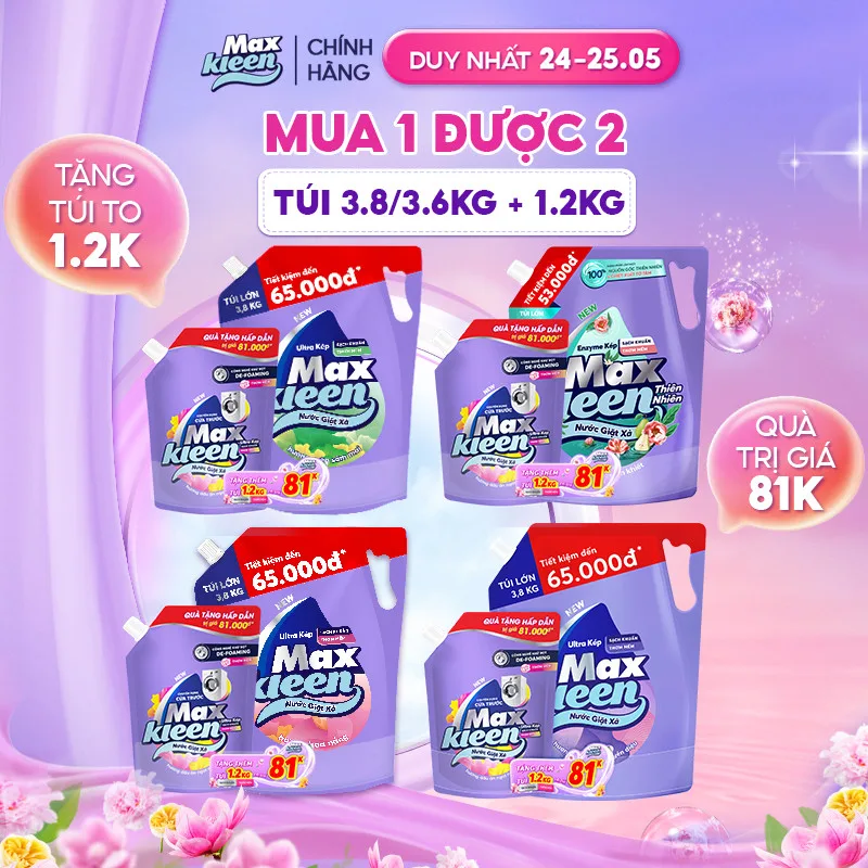 [MUA 1 TẶNG 1] Túi Nước Giặt Xả MaxKleen 3.8kg/ 3.6kg + Túi Nước Giặt Xả 1.2kg Mùi ngẫu nhiên