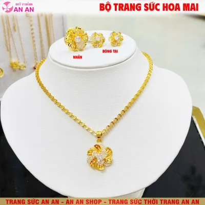 Bộ Trang Sức Hoa Mai Đính Đá Lấp Lánh Gồm Dây Chuyền, Bông Tai và Nhẫn, Thiết kế thời trang Sang trọng dành cho Nữ
