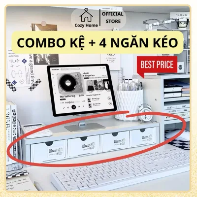 COMBO Kệ + 4 hộp ngăn kéo Rẻ Nhất kệ máy tính giá sách gỗ MDF Để Bàn Học COZY DECOR