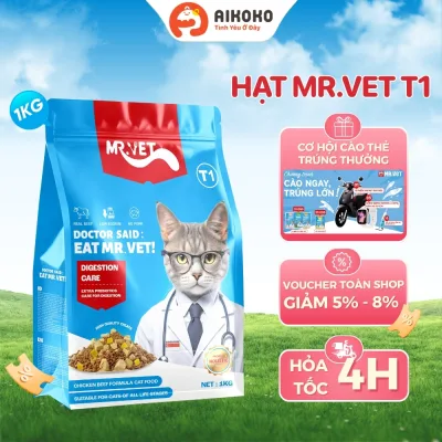 Hạt Mr.Vet T1,T2,T3,T4,G1 1kg Cho Mèo Ở Mọi Lứa Tuổi - Có Topping Thịt Sấy, Không Độn Đạm - Aikoko
