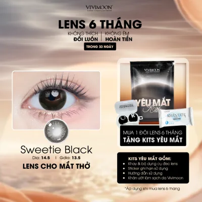 VIVIMOON lens cận 6 tháng Sweetie Black, kính áp tròng khóa ẩm màu đen giãn tròng to 14.5mm độ từ 0 đến 8