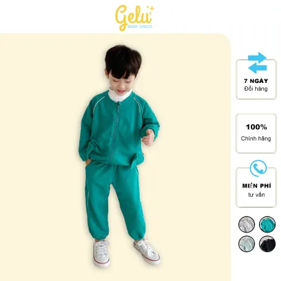 Quần áo trẻ em Gelukids đồ bộ bé trai dài tay áo khoác kéo khóa quần thể thao chất nỉ giữ ấm B065
