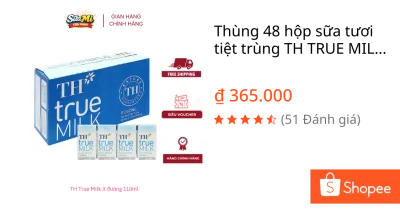 Thùng 48 hộp sữa tươi tiệt trùng TH TRUE MILK ÍT ĐƯỜNg 110ml