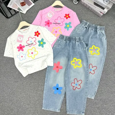 Cotton T-Shirt Set with Cute Floral Jeans for Girls Going to School or Going Out