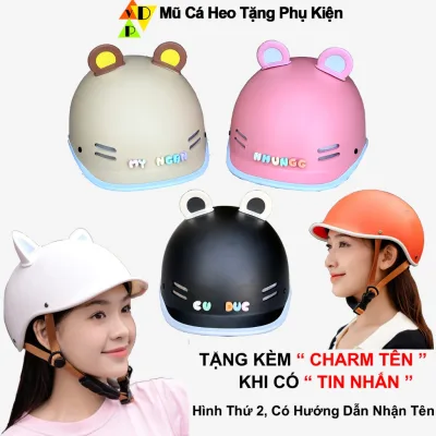 Nón bảo hiểm cá heo nam nữ cao cấp lót nâu, tặng kèm quà tặng tai gấu và charm tên gắn mũ