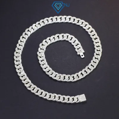 Dây chuyền nam bạc cuban đính đá 2 mặt bản 10mm DCK0061 - Trang Sức TNJ