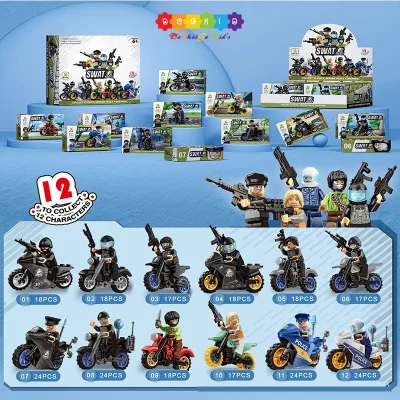 Đồ chơi lắp ráp mô hình mô tô cảnh sát, xếp hình khối bộ sưu tập 12 xe swat, đồ chơi lắp ráp cho bé