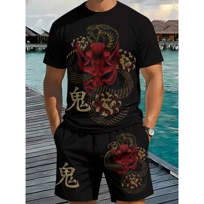 Bộ hai mảnh cổ tròn in 3D phong cách Nhật Bản dành cho nam giới, trang phục ngắn tay thời trang độc đáo, lý tưởng cho trang phục dạo phố mùa hè và trang phục thường ngày hợp thời trang