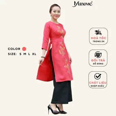 Áo Dài Cách Tân Linen Đỏ Thêu Họa Tiết Hoa - Design by Maxivic M122205B