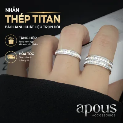 Nhẫn nam nữ Thép Titan Đính đá vuông kim cương nhân tạo lấp lánh - Nhẫn Thép 316L Apous