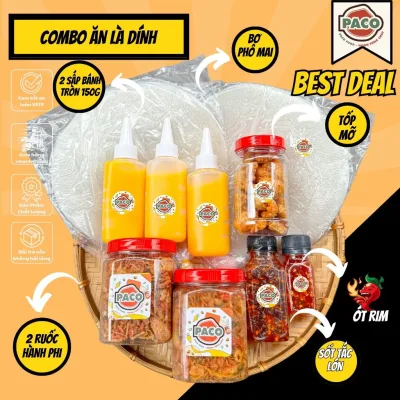 Combo bánh tráng phơi sương Ăn Là Dính PACO FOOD kèm 2 hủ ruốc hành phi 3 chai bơ phô mai 1 hủ tóp mỡ