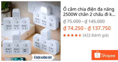 Ổ cắm chia điện đa năng 2500W chân 2 chấu đi kèm cổng sạc Usb 5V2A có đèn ngủ và công tắc riêng