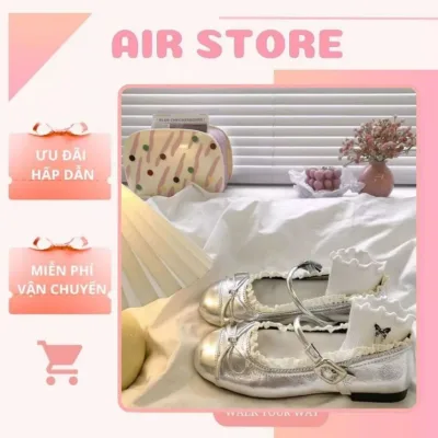 Giày Búp Bê Nữ, Giày Lolita Phối Ren Hai Màu Đen Bạc N63 || Air Sneaker