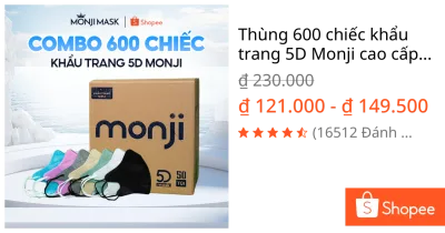 Thùng 600 chiếc khẩu trang 5D Monji cao cấp chính hãng, 3 Lớp Vải Lọc Khuẩn, Ngăn Bụi, Ôm Sát Thoáng Khí.