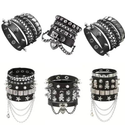 Bông Tai Kẹp Punk Thời Trang Đinh Tán Đầu Lâu Tua Rua Da Vòng Tay Bộ Dành Cho Nam Nữ Gothic Vòng Tay Trang Sức