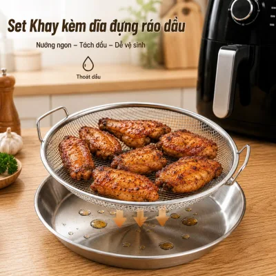 Set Khay Kèm Đĩa Đựng Ráo Dầu, Vỉ Lưới Lọc Dầu 20cm Chất Liệu INOX Cao Cấp HP26