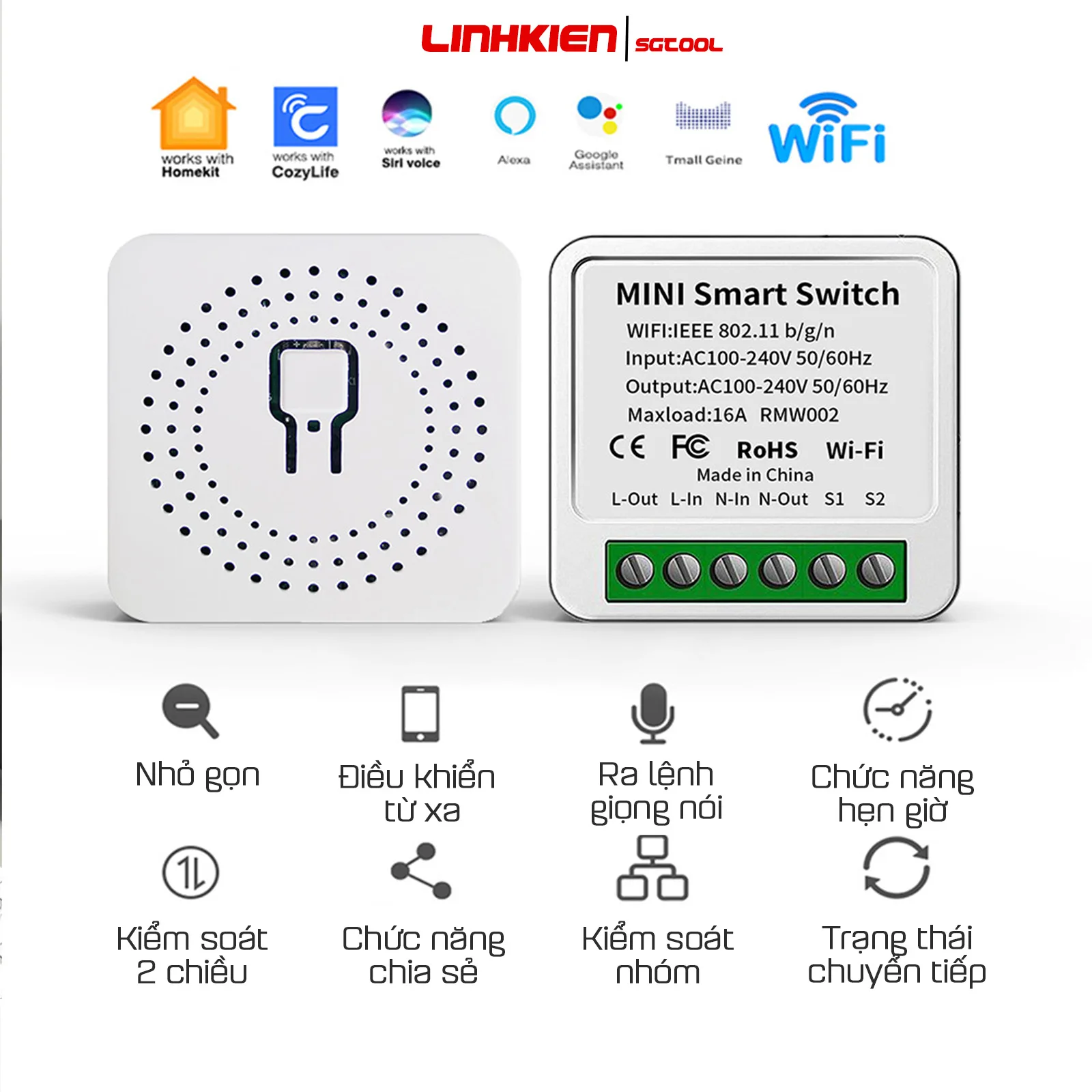 Công Tắc Thông Minh 16A Điều Khiển Từ Xa Qua điện thoại bằng sóng WIFI, 3G, 4G Điều Khiển Tiếng Việt