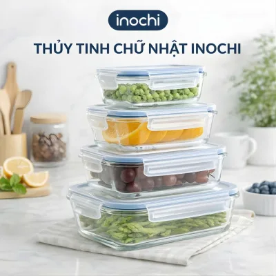 Hộp thuỷ tinh chữ nhật Inochi - Nikko - Đựng thực phẩm, đồ ăn, thức ăn trong ngăn đá, tủ lạnh
