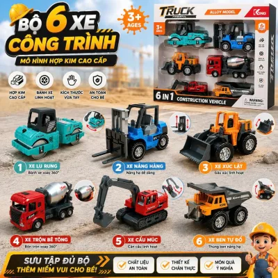 Bộ Sưu Tập 6 Mô Hình Xe Ô Tô Công Trình Hợp Kim Cao Cấp Tỉ Lệ 1:64 Cho Bé Yêu