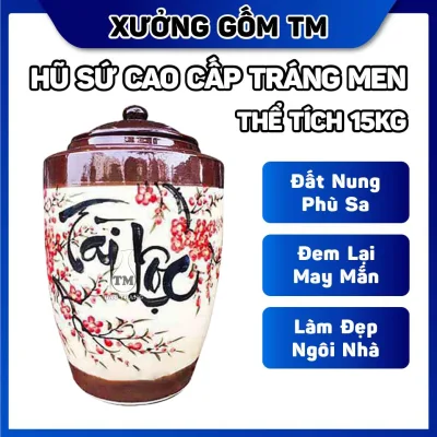 Hủ sứ đựng gạo, ngâm rươu, chứa thực phẩm khô gốm sứ Bát Tràng chữ Tài Lộc nắp nhọn - 15KG