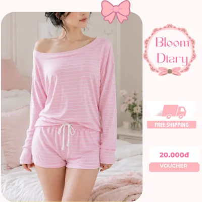Set Mặc Nhà Nữ Oversize Họa Tiết Kẻ Ngang Áo Tay Dài Phối Quần Đùi Sọc Trắng Đen - BD005