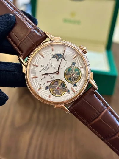 Đồng hồ PT 2 tim doulbe máy nhật, mặt trắng dây da nâu dòng cơ Automatic + Bảo hành 12 tháng