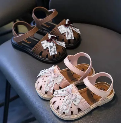 Giày sandal quai dán cho bé gái tập đi – nơ vải ren dễ thương – mềm êm chân