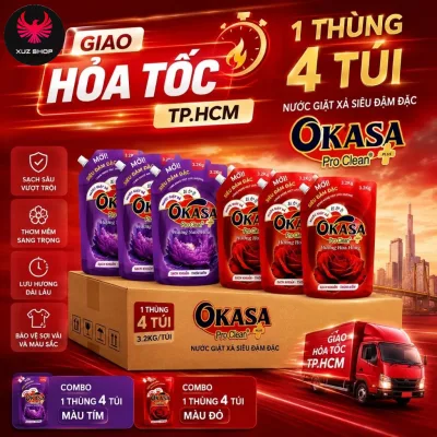 1 Thùng 4 túi Nước Giặt Xả OKASA 2in1 3.2KG – Hương Nước Hoa, Thơm Lâu, Tiết Kiệm