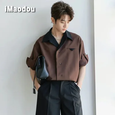iMaodou Thời Trang Mùa Hè Hợp Thời Trang Cao Cấp Áo Sơ Mi Tay Ngắn Nam Thời Trang Băng Lụa Rời Quần Áo Nam