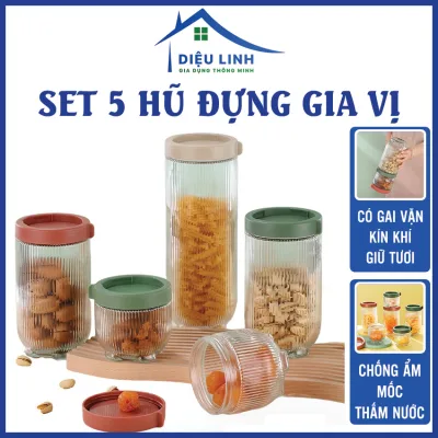 Set 5 Hủ Đựng Gia Vị Thủy Tinh - Lọ Thuỷ Tinh Nắp Giả Nhựa Có Gai Vặn Kín Khí Đựng Đồ Khô Nhiều Kích Cỡ, Đựng Gia Vị, Thực Phẩm Khô Với Họa Tiết Sang Dieulinhshop