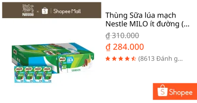 Thùng Sữa lúa mạch Nestle MILO ít đường (48 Hộp x 110ml)