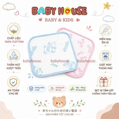 Set 10 Tấm Lót Chống Thấm Cho Bé Baby House - Chất Liệu 100% Cotton Mềm Mại, Thoáng Khí, Họa Tiết Siêu Cưng