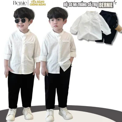 Set bộ áo sơ mi trắng dài tay quần dài kaki linen đen cho bé trai 8 đến 25kg BERNIE T1024B35