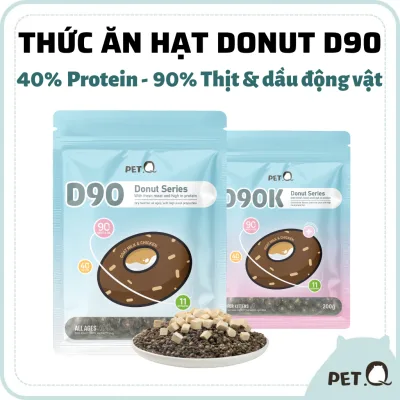 Thức ăn hạt cho mèo PetQ, Hạt Donut D90 PetQ mọi tuổi mèo, Nhân chà bông gà Topping gà sấy, 40% protein, 90% thịt & dầu