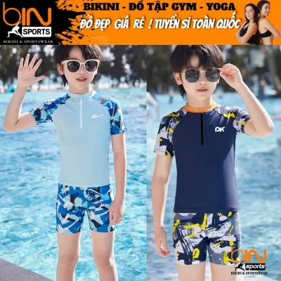 Đồ bơi 2 mảnh áo phủ bụng có khóa kéo quần đùi bé trai họa tiết nhiều màu đủ size từ 26kg đến 49kg BINSPORTS BB120