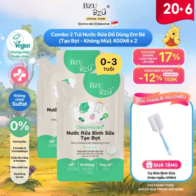 Combo 2 Túi Nước Rửa Bình Sữa, Rau Củ, Đồ Dùng Em Bé Thuần Chay BZU BZU CleanHaven Túi 400ml, Không Mùi