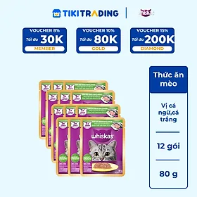 [Combo 12 Gói] Thức Ăn Cho Mèo WHISKAS 1+ years Vị Cá Ngừ, Cá Trắng 80g/Gói