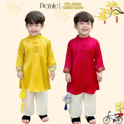 Set áo dài tết kèm quần bé trai lụa gân màu đỏ màu vàng phối gấm rồng BERNIE bé từ 9 đến 24kg 22b490