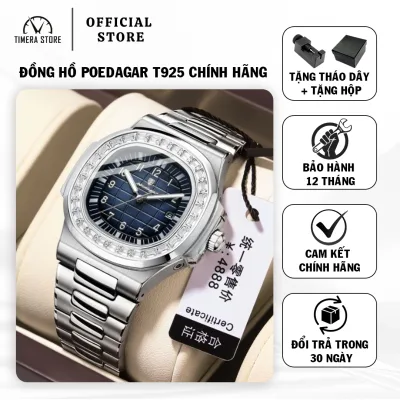 Genuine Poedagar T925 Men's Watch with High-Quality Crystal Stones, Luxurious and Elegant Stainless Steel Strap, Water-Resistant.