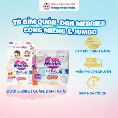 Tã/ Bỉm Merries Nội Địa Nhật (Dán/Quần) Mẫu Mới Jumbo, Cộng Miếng (Đủ Size NB/ S/ M/ L/ XL/ XXL)